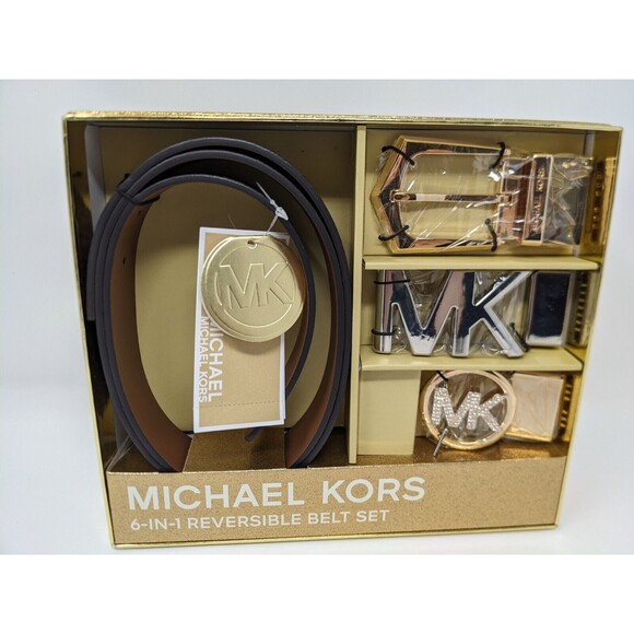 Michael Kors Boxed Belt Set 6 In 1 Adjust To Fit Brown Logo Buckle Gift Box $148 - Picture 1 of 5